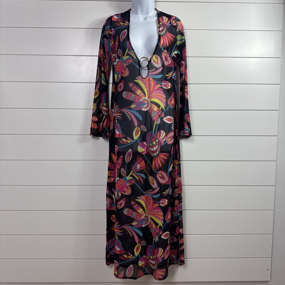 Trina Turk Luminary Swim Cover Up Dress Long Sleeve Sheer Mesh Black Floral sz S
